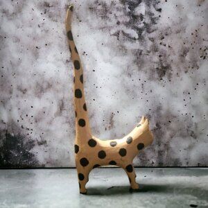 Vintage Artisan Carved Wood Polka Dot KItty Cat  Figurine Multi Color 12"
